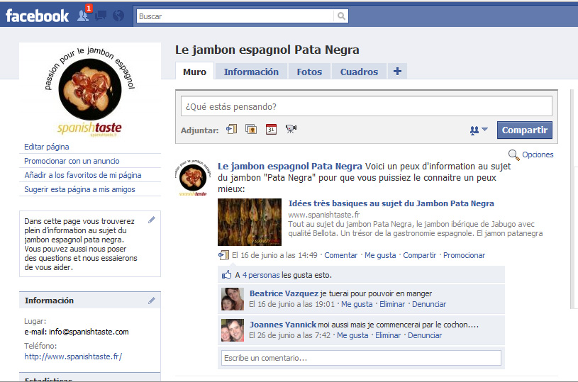 Le Jambon Pata Negra chez facebook Si vous aimez le jambon pata negra et vous voulez en savoir plus, je vous présente une nouvelle page à facebook ou vous pourrer partager vos connaissances et poser toute...